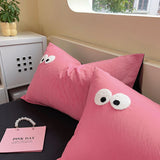 Tineit Pink Big Eye Embroidery Bedding Sets Ins Korean Style Washing Cotton Cute Duvet Cover Bed Sheet Set Pillowcases 3/4pcs