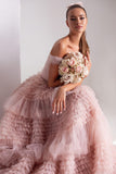 Tineit Light Pink Ball Gown Evening Dress Sweet Tulle Sweep Train Prom Dress 2025 Off Shoulder Party Dress  فساتين مناسبة رسمية-(PRE-ORDER)