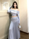 Tineit Autumn Women's Solid Two-piece Skirt Set Slash Neck Cropped Top High Waist Midi Skirt Korean Fashion Ladies Outfits Streetwear