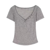 Tineit Summer Basic Short Sleeve T Shirts Women Casual See Through Sexy V Neck Cropped Tees Coquette Solid Color Slim Tops Chic