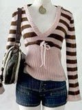 Tineit Emo girls retro women's pullover chic V-neck colorblock stripes Y2K casual sweater aesthetic straps fall winter pink streetwear