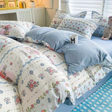 Tineit White Green Bedding Set Floral Ins Duvet Cover with Zipper No Filler Flat Sheet Pillowcase Twin Queen Size Bed Linens