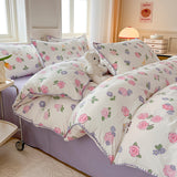 Tineit Pink Tulip Double Layer Yarn Quilt Cover Bed Sheet Pillowcase Twin Queen Size Bedding Set Girls Women Duvet Cover Set No Filler