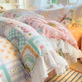 Tineit Princess Style Bedding Set Cute Korean Ruffles Single Double Queen Size Duvet Cover Sheet Pillowcase Girls Bedspread