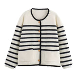 thanksgiving outfit Tineit 2024 Autumn New Product Women's Simple Round Neck Long Sleeve Single breasted Striped Knitted Cardigan Coat