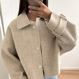 Tineit Woolen Casual Short Coat Women Single Breasted Turn-down Collar Loose Solid Jacket Female All-match Commuting Outwear Tops