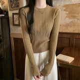 thanksgiving outfit Tineit Elegant Knitted Pullover Women Korean Slim Stretch Vertical Pit Stripes Solid Sweater Spring Fall Long Sleeved O-Neck Female Top