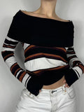 Tineit Off Shoulder Striped Print Sweaters