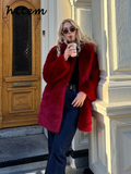 Tineit Street Women's Red Faux Fur Coats Loose Lapel Long Sleeves Female Fluffy Jacket 2024 Winter Lady Luxury Thicken Furry Overcoats