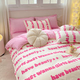 Tineit Princess Style Bedding Set Girls Twin Queen Full Size Duvet Cover Set Bed Flat Sheet Pillowcase Kids Adult Pink Letter Bed Linen