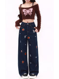 christmas outfit Tineit Women's Dark Blue Y2k Baggy Jeans Harajuku 2000s Oversize Pattern Print Denim Trousers Vintage Jean Pants Trashy Clothes 2025