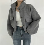 Tineit Streetwear Jackets Women's Clothing Stand Neck Casual Woolen Outwear Thicked Crop Tops Fashion Korean Y2k Coat 2025 Ropa Mujer