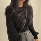 thanksgiving outfit Tineit Vintage Harajuku Sweater Women Loose Latern Sleeve Korean Fall Winter Knitted Cropped Tops Soft Warm Chic Solid Jumper Pullover