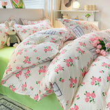 Tineit Korean Pink Rose Duvet Cover Set Soft Green Flat Sheet Quilt Cover Pillowcase Bed Linen Twin Queen Full Size Floral Bedding Set