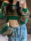 Tineit 2024 Fall Fashion Contrast Color Stripe Loose Crop Sweater