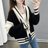 thanksgiving outfit Tineit Patchwork Sweater Women Knitted Loose Elegant Black White Fashion Cardigan Lazy Strip V-Neck Long Sleevekorean Female Jumpers