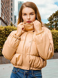 Tineit Women Cotton Padded Short Coats Casual Stand Collar Long Sleeve Single Breasted Female Jackets 2025 Loose Winter Lady Outwear