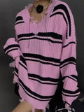 Tineit Striped V Neck Frayed Tassel Knit Sweater