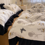 Tineit Ins French Style Girls Heart Lace Bedding Set Bubble Wash Cotton Quilt Cover With Pillowcases Bed Sheet Set 4pcs