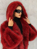 Tineit 2025 Red Chic Hooded Warm Faux Fur Women's Short Coat Fashion Thicken Loose Long Sleeve Fluffy Jackets Christmas Lady Streetwear