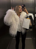 Tineit 2024 White Elegant Tassels Faux Fur Coats For Women Fashion Lapel Long Sleeves Thicken Warm Jacket Winter Female Chic Streetwear