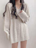 Tineit Solid Color V Neck Cable Knit Sweater