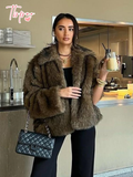 Tineit New Chic Turndown Collar Women's Short Faux Fur Coat Elegant Loose Warm Long Sleeve Fluffy Jacket Ladies Autumn Winter Outerwear