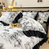 Tineit Ink Style A-class Skin Friendly Washed Cotton Four Piece Set With Lotus Leaf Lace Bedding, Bedsheet, Duvet Cover, Single Bed