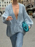 Tineit Sequin Sparkling Fashion Cardigan Women Deep V-neck Sexy Single Breasted Oversize Long Sleeve Sweater Female 2025 Autumn Coat