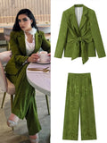 Tineit Vintage Jacquard Pants Set Women Loose Lapel Bow Lace Up Long Sleeve Jacket Wide Leg Pant 2024 Summer Lady Shiny Office Outfits