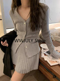 Tineit 2025 Autumn Grey Knitted Suit for Women Korean Slim Short Cardigan Top High Waist Fashion Skirt Suit Outfit 2 Piece Set Chic