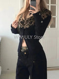 Tineit Leopard Cardigan Women Japanese Gyaru V-neck Long Sleeve Streetwear Slim Sexy Cardigan Sweater Y2k Vintage Top Autuam