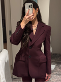 Tineit Women Elegant Burgundy Red Lapel Collar Suit Jacket Fashion Slim Fit Single Breasted Flap Pockets Coat Lady 2025 Commute Outwear