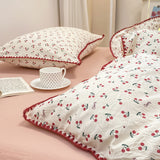 Tineit INS Girls Cherry Bedding Set Soft Washed Cotton Bed Sheet Queen King Size Simple Quilt Cover Pillowcase Bed Linens