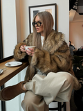 Tineit Luxury Brown Women's Fluffy Faux Fur Warm Short Coat Chic Lapel Collar Long Sleeve Furry Jacket Winter 2024 Lady High Streetwear