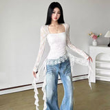 Tineit Spicy Girl Fairy Style Lotus Leaf Edge Square Neck Thin Long Sleeve White T-shirt Women Top Mesh Sexy Irregular Slimming Y2k Top