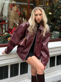 Tineit New Burgundy Chic Zipper Front Leather Bomber Jacket Women's Fashion Oversized Lapel Full Sleeved Coat 2025 Lady High Streetwear