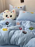 Tineit Korean Style Fresh Bedding Set Water Washed Cotton Cute Towel Embroidered Duvet Covers, Bed Sheets, Dormitory