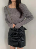 Tineit Solid Lapel Neck Slim Knit Sweater