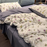 Tineit Ins Purple Flower Bedding Set Washed Cotton Bed Sheet Pillowcase Quilt Cover Simple Kids Adult Floral Duvet Cover No Filler