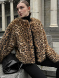 Tineit Leopard Print Faux Fur Short Coat Women Single Breasted O-neck Solid Furry Long Sleeve Jacket Fashion Plush 2025 Autumn Outwear