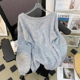 thanksgiving outfit Tineit Bow Sexy Backless Women Sweater Knitted Reversible Gray Loose Lazy Chic Pullover Simple Harajuku Sweet Student Jumpers