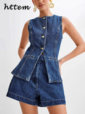 Tineit Casual Denim 2 Pieces Sets Women Slim O-neck Sleeveless Single Breasted Vest Wide Leg Shorts 2024 Summer Casual Lady Office Sets