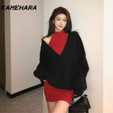 Tineit Korean Retro V-neck Knitted Hoodie for Women Autumn Hanging Neck Strap Dress Waist Up Short Skirt Sets Female Clothing