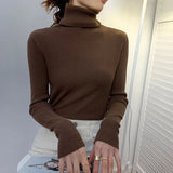 thanksgiving outfit Tineit Zoki Autumn Fashion Women Turtleneck Sweater Korean Long Sleeve Simple Basic Slim Elastic Jumper Solid Screw Thread Elegant Tops