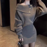 thanksgiving outfit Tineit Sexy Knit Dress Women Elegant Slant Shoulder Button Slim Solid Fall Winter Sweater Fashion Chic Harajuku Y2K Office Lady Dress