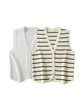 Tineit Ladies Fashion Vintage Front Button Striped Knit Women Sweater Vest V Neck Sleeveless Waistcoat Chic Cardigan Vest Tops Female