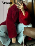 Tineit Street Women's Red Faux Fur Coats Loose Lapel Long Sleeves Female Fluffy Jacket 2024 Winter Lady Luxury Thicken Furry Overcoats