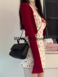 Tineit Sweet 2 Piece Dress Set Woman Red Long Sleeve Cardigan + Strap Floral Y2k Mini Dress Party Korean Fashion Suit 2025 Autumn Chic