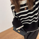 thanksgiving outfit Tineit Korean Striped Sweater Women Loose Side Split Chic O-Neck Knit Pullover Pretty Style Casual Fall Winter Lazy Vintage Jumpers